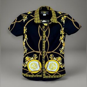 Phat Farm Boys Button Up Black Yellow Gold Baroque Pattern Short Sleeve Size 8